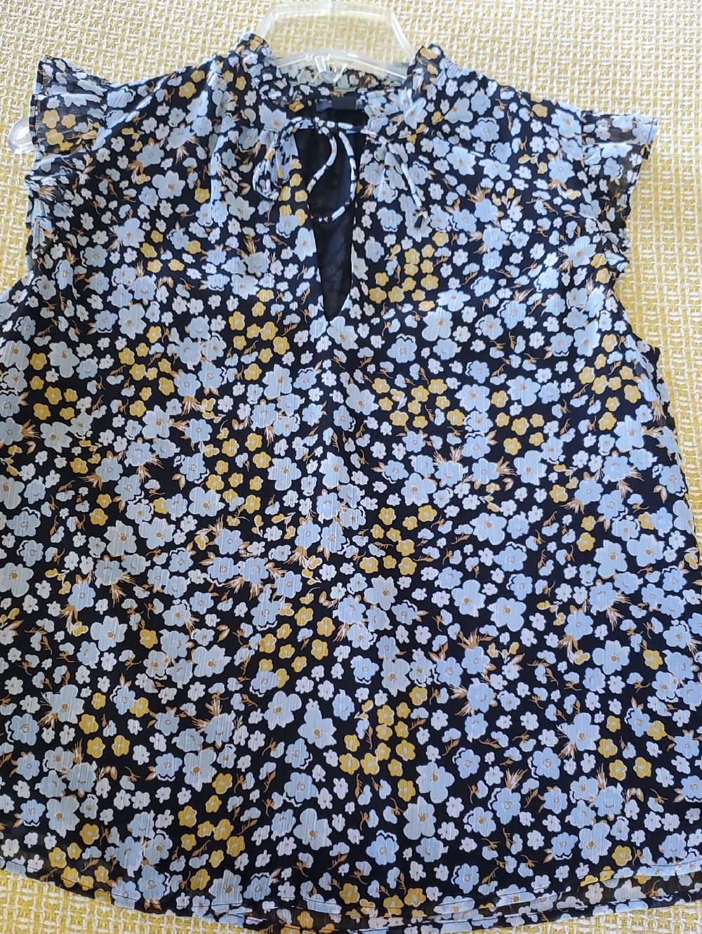 Ann Taylor Factory Navy Floral Tie-Neck Ruffle Sleeve Blouse